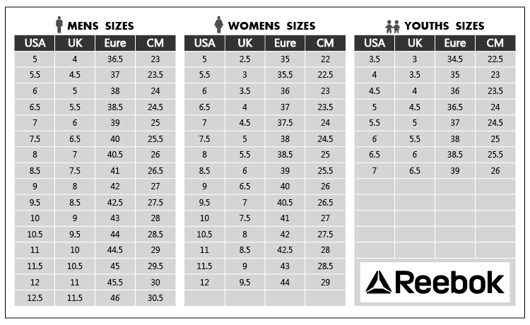 reebok cleats size chart
